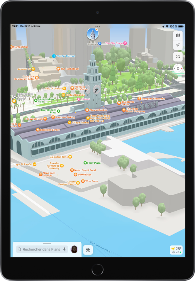 Un plan de ville en 3D affichant des bâtiments, des rues, une ligne de ferry, des plans d’eau, des arbres et un parc.