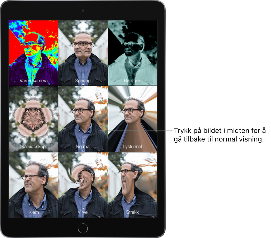 En Photo Booth-skjerm som viser ni bilder av en manns ansikt, med ulike effekter i forskjellige ruter. I den øverste raden, fra venstre mot høyre, er effektene Varmekamera, Speil og Røntgen. I den midterste raden, fra venstre mot høyre, er effektene Kaleidoskop, Normal og Lystunnel. I den nederste raden, fra venstre mot høyre, er effektene Klem, Virvel og Strekk.