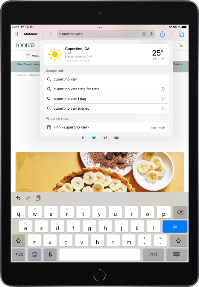 En nettside med ordene «cupertino weather» skrevet inn i søkefeltet. Under er det listet opp Google-søkeforslag og alle forekomster av ordene «cupertino weather» på den gjeldende nettsiden.