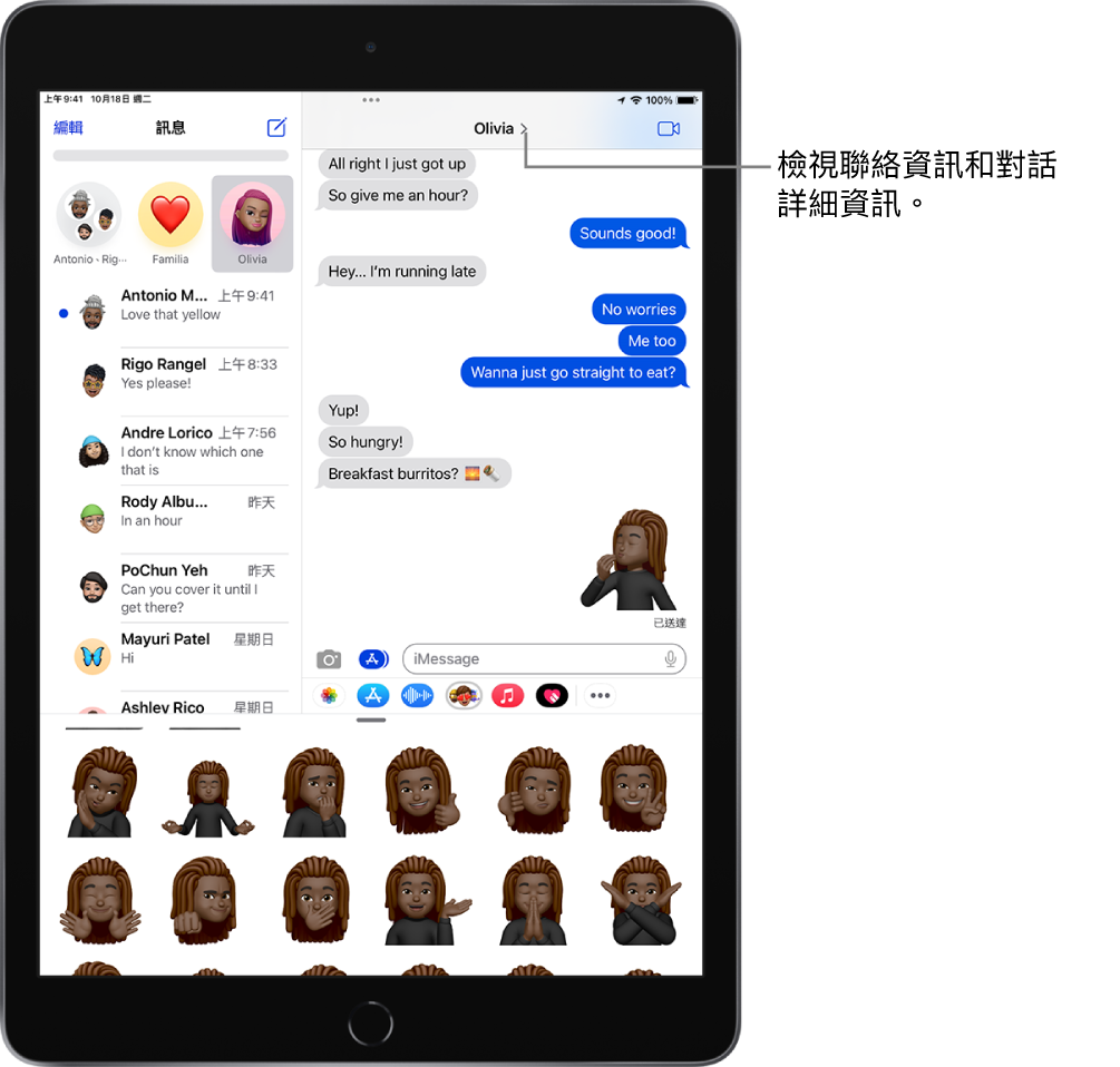 左側為訊息列表，右側為對話。在文字欄位下方，從左到右是用來為訊息加入內容和效果的按鈕。