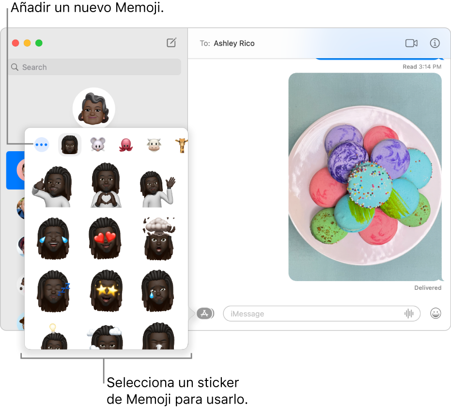 La ventana de Mensajes con varias conversaciones enumeradas en la barra lateral a la izquierda una y una transcripción a la derecha. Al elegir stickers de Memoji desde el botón Apps, puedes seleccionar un sticker de Memoji para usar o crear un Memoji nuevo.