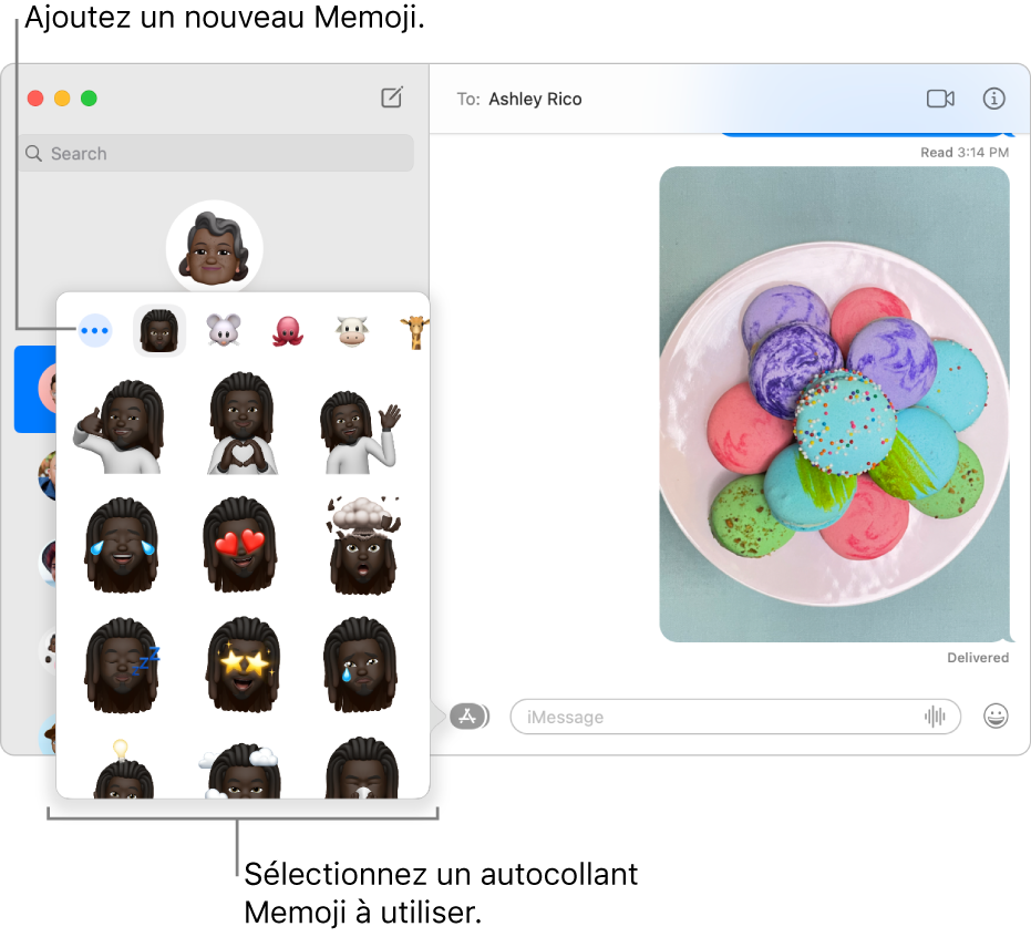 La fenêtre Messages avec plusieurs conversations dans la barre latérale de gauche, ainsi qu’une transcription sur la droite. Lorsque vous choisissez des autocollants Memoji à partir du bouton Apps, vous pouvez choisir d’utiliser un autocollant Memoji ou en créer un nouveau.
