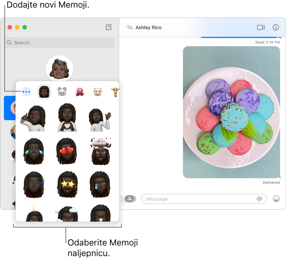Prozor Poruke s popisom nekoliko razgovora u rubnom stupcu s lijeve strane i prikazom transkripta s desne. Prilikom odabira Memoji naljepnica putem tipke Aplikacije, možete odabrati Memoji naljepnicu za uporabu ili izradu novog Memojija.