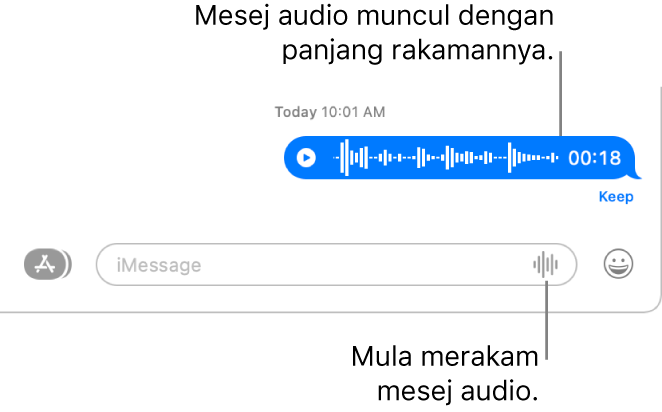 Perbualan Mesej, menunjukkan butang Rakam Audio bersebelahan medan teks di bahagian bawah tetingkap. Mesej audio muncul dengan panjang rakamannya dalam perbualan.