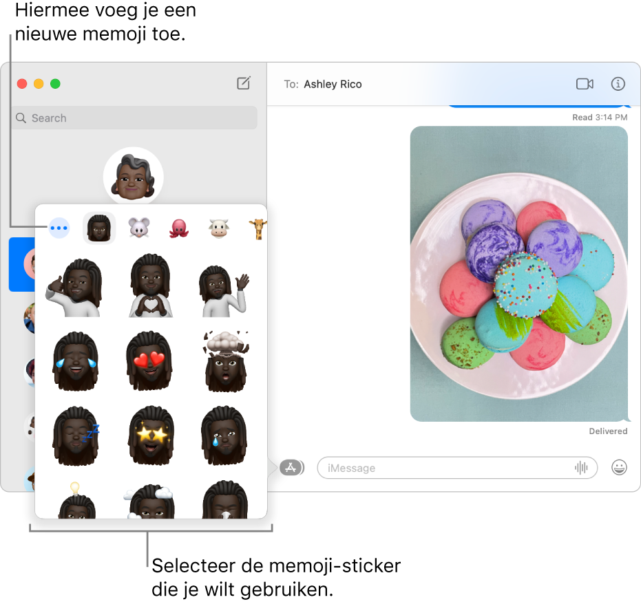 Het Berichten-venster met verschillende gesprekken in de navigatiekolom aan de linkerkant en tekst aan de rechterkant. Wanneer je 'Memoji-stickers' kiest via de knop 'Apps', kun je een memoji-sticker selecteren die je wilt gebruiken of een nieuwe memoji aanmaken.