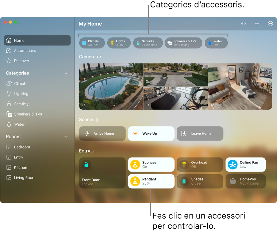 La pantalla de l’app Casa amb les categories d’accessoris al llarg de la part superior i, a continuació, les transmissions de les càmeres, les tessel·les dels ambients i les tessel·les dels accessoris de l’habitació “Entrada”.