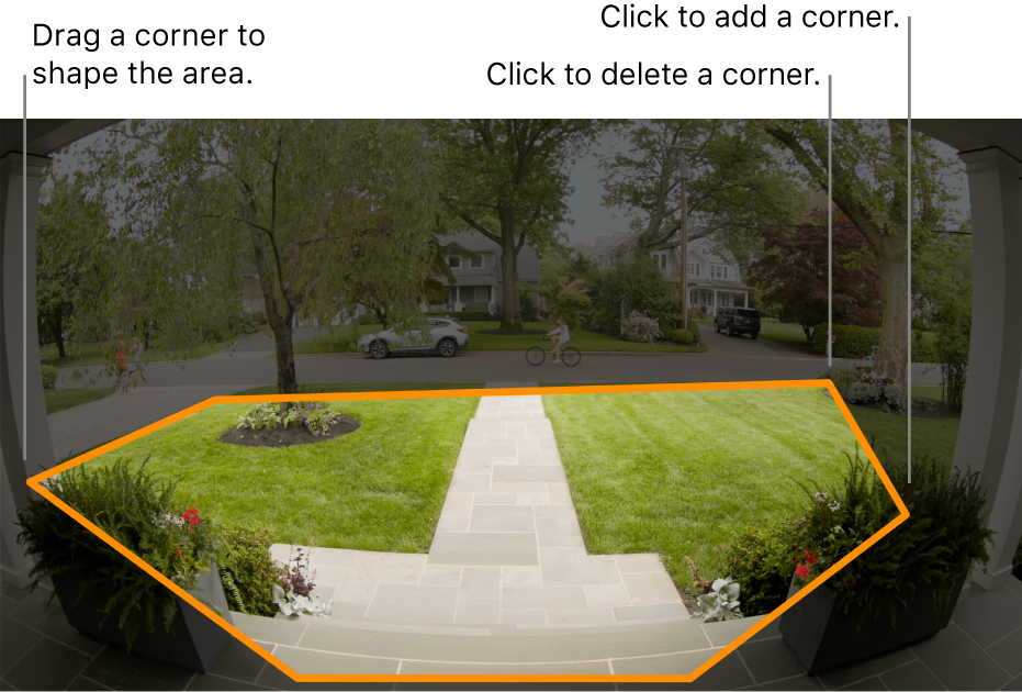 A camera view of an entrance, showing an outlined activity zone around the front garden.