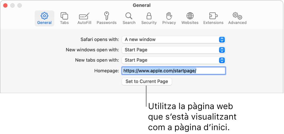 El tauler General de la configuració del Safari amb el camp “Pàgina d’inici” seleccionat.