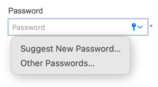 Ein Passwortfeld mit Optionen zum Erhalten von Passwortvorschlägen und zum Anzeigen der Passwörter für andere Website-Accounts.