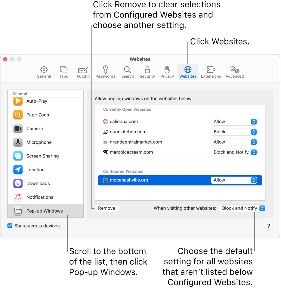 A window showing Safari settings for websites, with Pop-up Windows selected at the bottom of the sidebar and all configured websites selected.