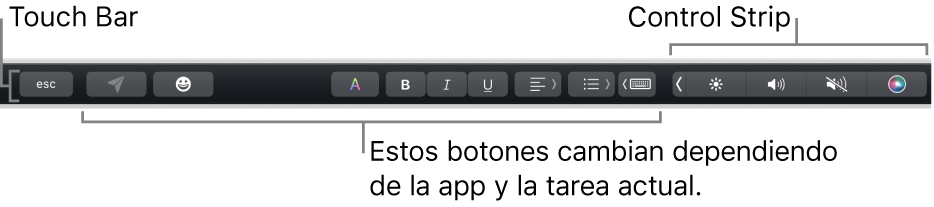 Touch Bar en la parte superior del teclado, mostrando la Control Strip contraída a la derecha y botones que varían según la app o tarea.