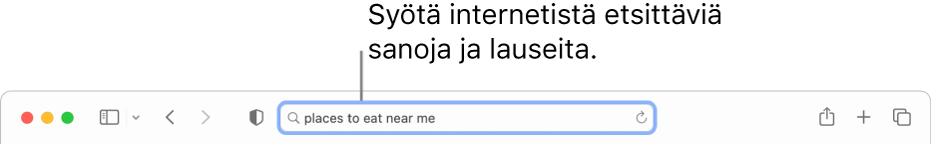 Safarin älykäs hakukenttä, johon voit kirjoittaa hakusanan tai -lauseen internet-hakua varten.