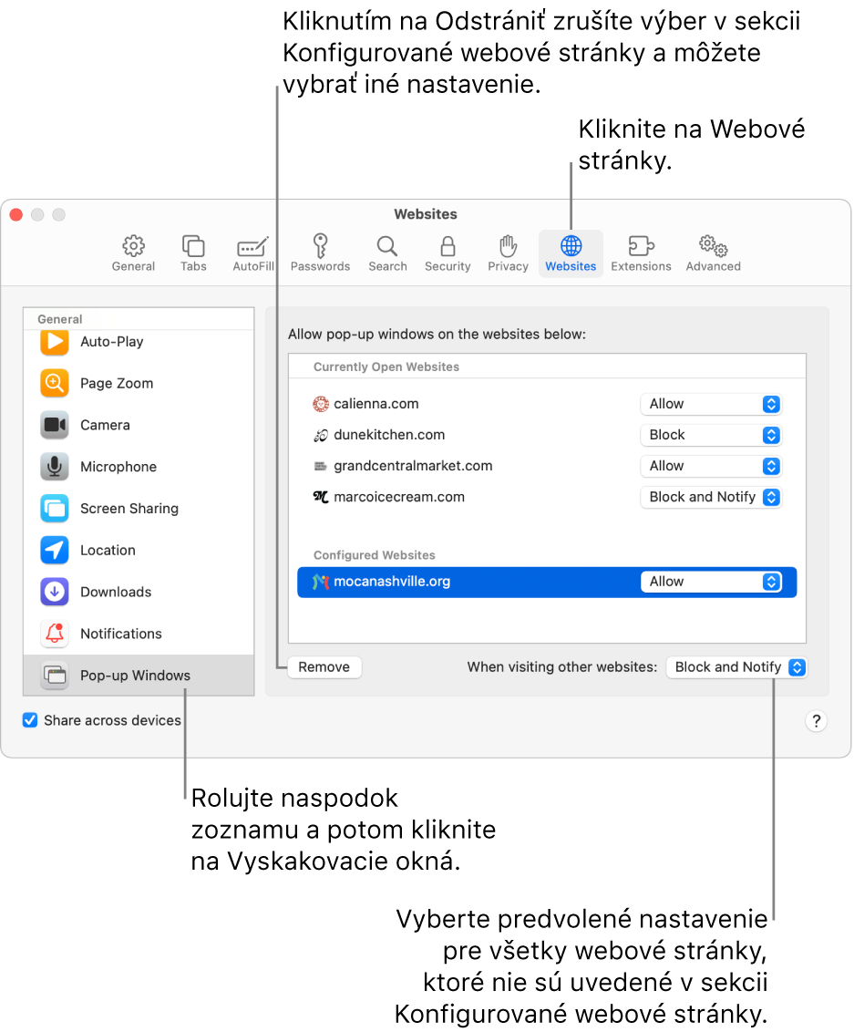 Okno zobrazujúce nastavenia Safari pre webové stránky, s vybratou položkou Vyskakovacie okná v spodnej časti postranného panela a s vybratými všetkými konfigurovanými webovými stránkami.