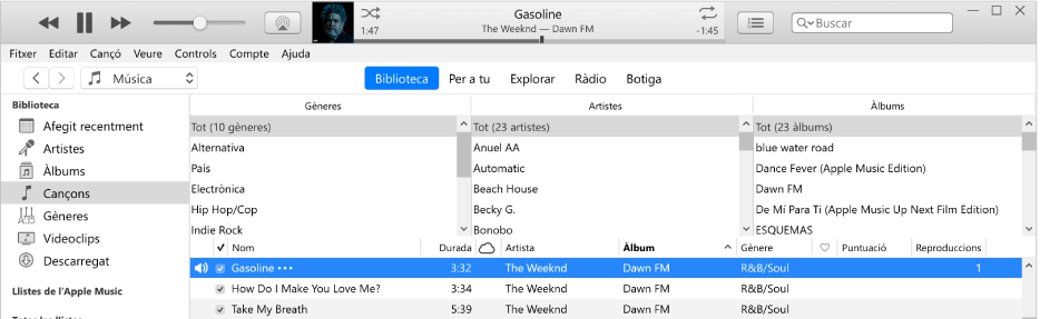 Finestra principal de l’iTunes: el navegador de columnes és a la dreta de la barra d’eines i a sobre de la llista de cançons.