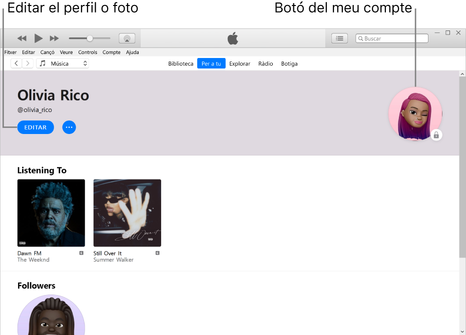 La pàgina de perfil de l’Apple Music: A l’angle superior esquerre, a sota del nom, fes clic a Editar per editar el perfil o la foto. A la cantonada superior dreta hi ha el botó “El meu compte”.