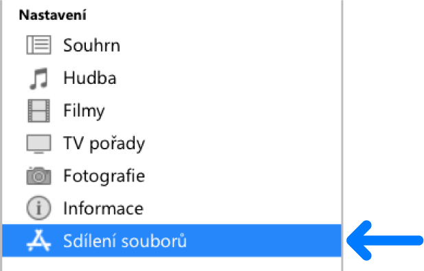 Chcete-li přenést soubory mezi počítačem a zařízením, klikněte v Nastavení na zařízení na volbu Sdílení souborů.