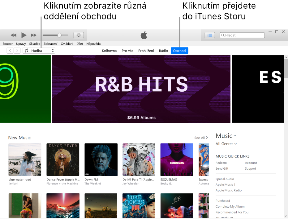 Hlavní okno iTunes Storu: V řádku nabídek je zvýrazněná volba Obchod V levém horním rohu si můžete vybrat zobrazení jiného obsahu dostupného v obchodě (například hudby nebo seriálů).