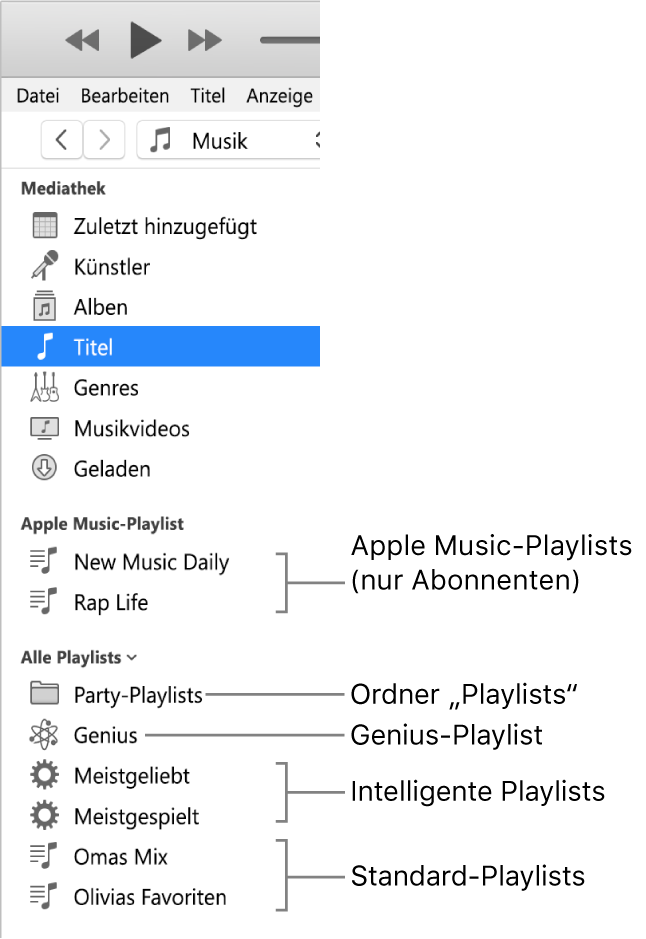 Die iTunes-Seitenleiste mit verschiedenen Typen von Playlists: Apple Music (nur Abonnent:innen), Genius-, intelligente und Standard-Playlist sowie Playlist-Ordner.