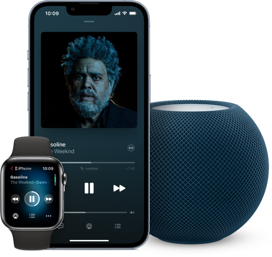 Darstellung eines Musiktitels auf Apple Music, der auf einer Apple Watch, einem iPhone und einem HomePod mini abgespielt wird.