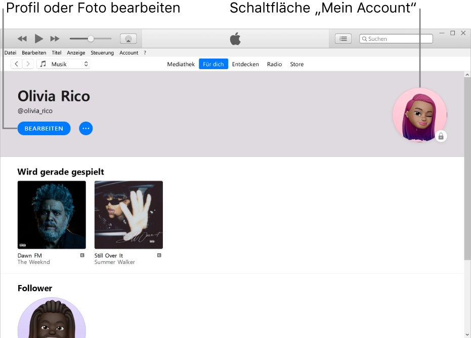 Die Profilseite in Apple Music: Klicke oben links unter deinem Namen auf „Bearbeiten“, um dein Profil oder dein Foto zu bearbeiten. Oben rechts befindet sich die Schaltfläche „Mein Account“.