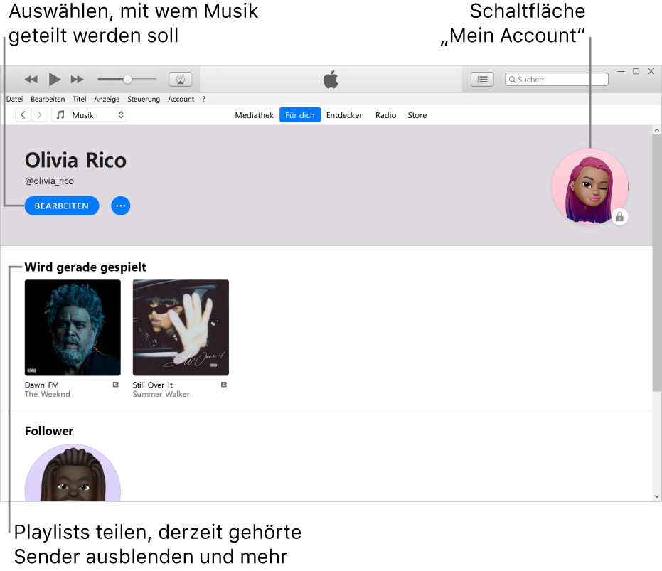 Die Profilseite in Apple Music: Klicke oben links unter deinem Namen auf „Bearbeiten“ und lege fest, mit wem du Musik teilen möchtest. Oben rechts befindet sich die Schaltfläche „Mein Account“. Unter „Hört gerade“ werden alle Alben angezeigt, die du dir anhörst, und du kannst auf die Schaltfläche „Mehr“ klicken, um Sender auszublenden, die du hörst, um Playlists zu teilen und vieles mehr.