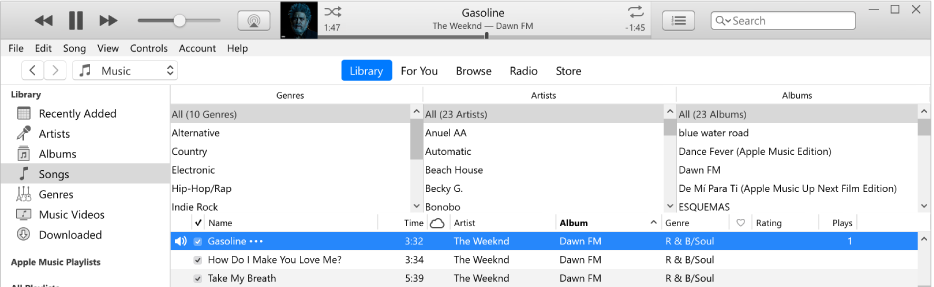 The iTunes main window: The column browser is to the right of the sidebar and above the list of songs.