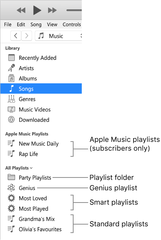 The iTunes sidebar showing the various types of playlists: Apple Music (subscribers only), Genius, Smart and standard playlists, plus a playlist folder.