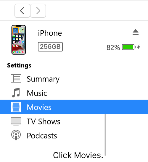 The Device window, with Movies selected in the sidebar on the left.