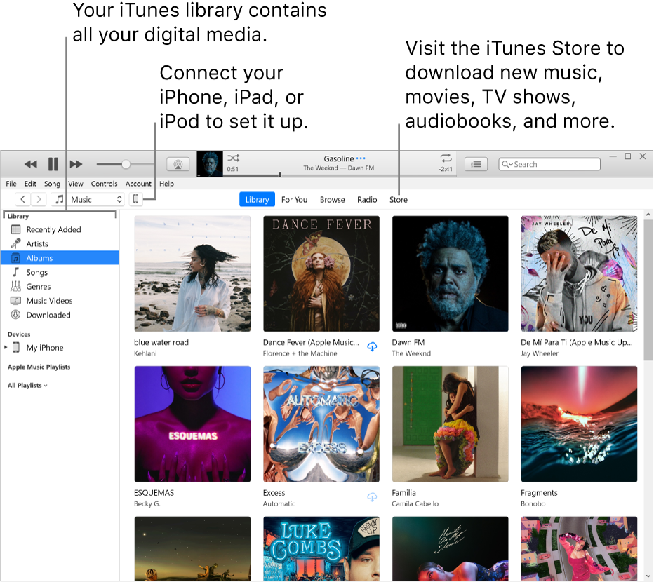 View of the iTunes window: The iTunes window has two panes. On the left is the Library sidebar, which contains all your digital media. On the right, in the larger content area, you can view a selection you’re interested in—for example, visit your library or your For You page, browse new iTunes music and video, or visit the iTunes Store to download new music, movies, TV shows, audiobooks, and more. To the upper right of the Library sidebar is the Device button, which shows that your iPhone, iPad, or iPod is connected to your PC.