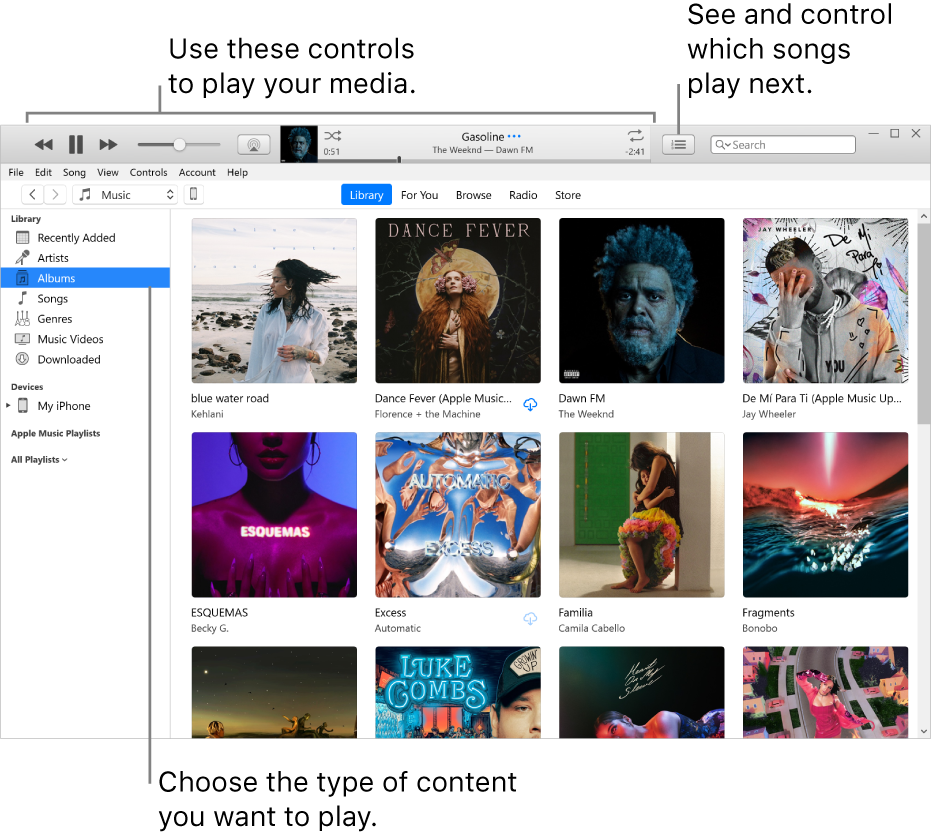 The iTunes Library main window: In the navigator, choose the type of media to play (such as Music). Use the controls in the banner at the top to play your media, and use the Up Next pop-up menu on the right to view your library in different ways.