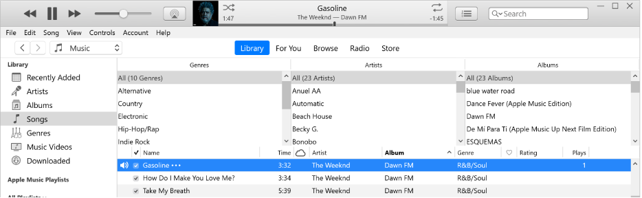 The iTunes main window: The column browser is to the right of the sidebar and above the list of songs.