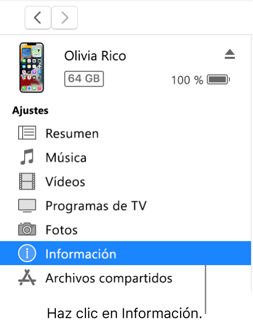 La ventana del dispositivo con la opción Información seleccionada en la barra lateral de la izquierda.