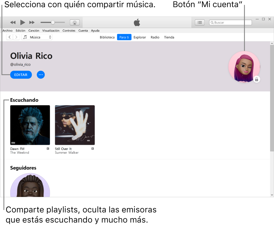 La página de perfil de Apple Music: en la esquina superior izquierda (debajo de tu nombre), haz clic en Editar para elegir con quién compartes la música. En la esquina superior derecha está el botón “Mi cuenta”. Debajo del encabezado “Escuchando” se encuentran los álbumes que estás escuchando y puedes hacer clic en el botón “Más” para ocultar las estaciones que estás escuchando, compartir playlists y más.