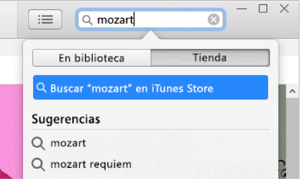 El campo de búsqueda con la palabra "Mozart". En el menú desplegable de resultados de búsqueda, la opción Tienda está seleccionada.