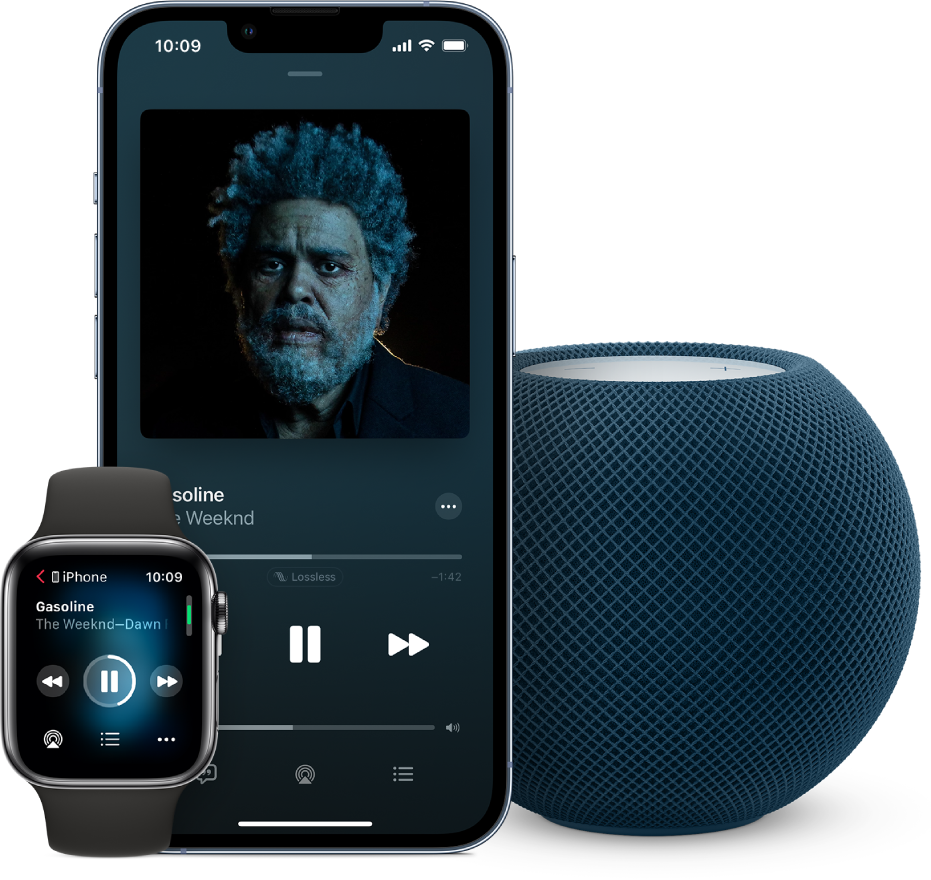 Vista de una canción de Apple Music reproduciéndose en un Apple Watch, iPhone y HomePod mini.