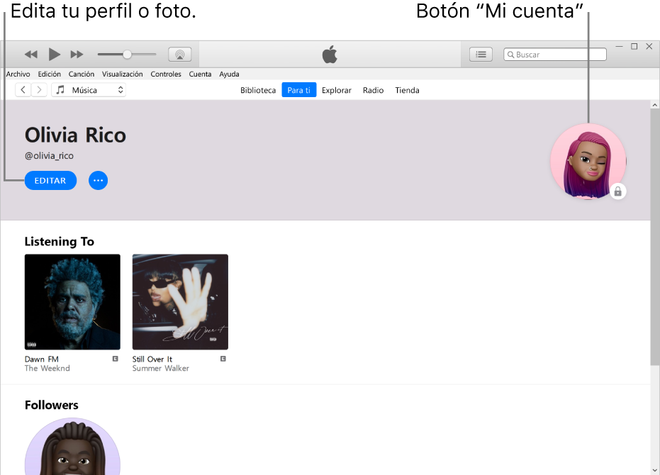 La página de perfil de Apple Music: en la esquina superior izquierda (debajo de tu nombre), selecciona Editar para editar tu perfil o tu foto. En la esquina superior derecha está el botón “Mi cuenta”.