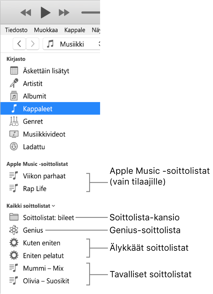 iTunes-sivupalkki, jossa on erityyppisiä soittolistoja: Apple Music- (vain tilaajat), Genius-, älykkäät ja tavalliset soittolistat ja lisäksi soittolistakansio.