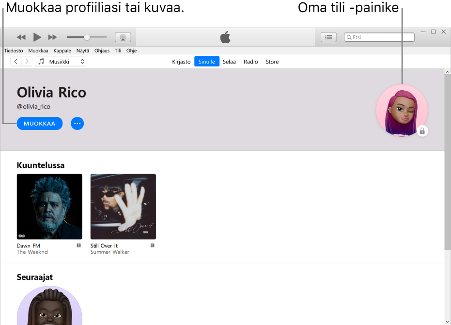 Profiilisivu Apple Musicissa: Klikkaamalla vasemmassa yläkulmassa nimesi alla Muokkaa voit muokata profiiliasi tai kuvaasi. Oikeassa yläkulmassa on Oma tili -painike.