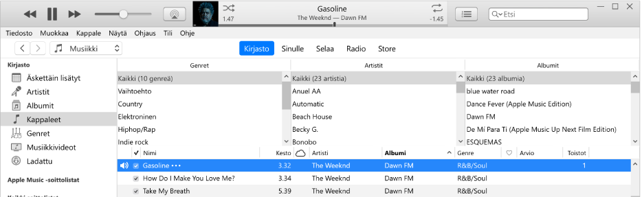 iTunesin pääikkuna: Sarakeselain on sivupalkin oikealla puolella ja kappaleluettelon yläpuolella.