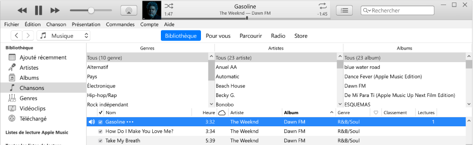 La fenêtre principale d’iTunes : Le navigateur par colonne se trouve à droite de la barre latérale et au-dessus de la liste des chansons.