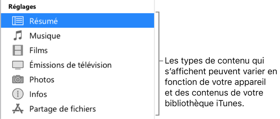 L’option Résumé est sélectionnée dans la barre latérale à gauche. Les types de contenu qui s’affichent peuvent varier en fonction de votre appareil et des contenus de votre bibliothèque iTunes.