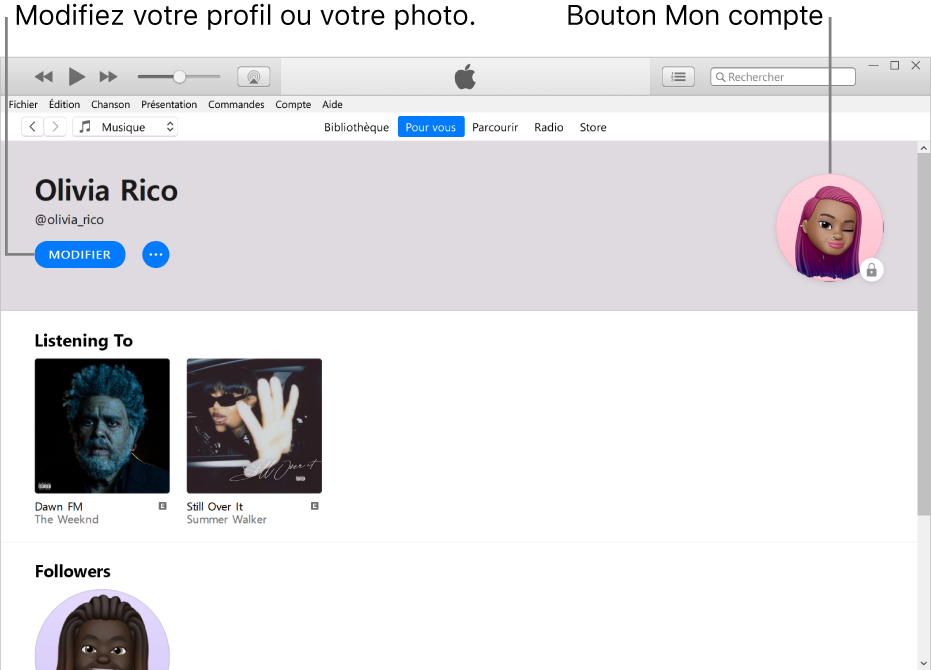 La page de profil dans Apple Music : Dans le coin supérieur gauche, sous votre nom, cliquez sur Modifier afin de modifier votre profil ou votre photo. Dans le coin supérieur droit se trouve le bouton Mon compte.