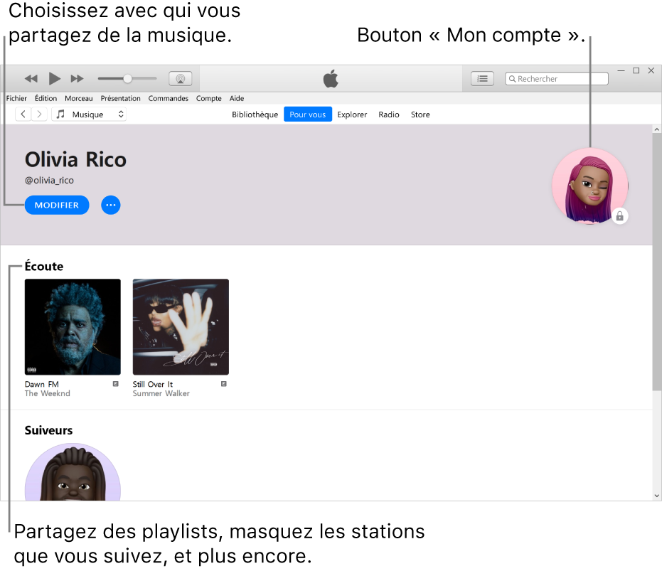 La page de profil dans Apple Music : Dans le coin supérieur gauche, en dessous de votre nom, cliquez sur Modifier pour choisir avec qui vous partagez de la musique. Dans le coin supérieur droit se trouve le bouton « Mon compte ». Sous l’en-tête Écoute se trouvent tous les albums que vous écoutez. Vous pouvez cliquer sur le bouton Plus pour masquer les stations que vous écoutez, partager des playlists, etc.