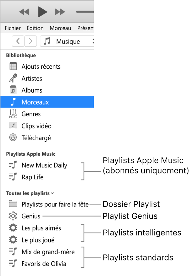 La barre latérale iTunes avec les différents types de playlists : Apple Music (réservé aux abonnés) et les playlists Genius, intelligentes et standard, plus un dossier de playlist.