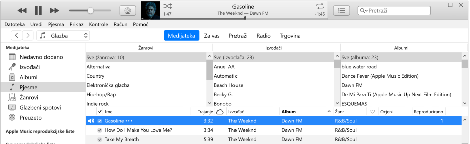Glavni prozor aplikacije iTunes: Preglednik stupaca nalazi se s desne strane rubnog stupca i iznad popisa pjesama.