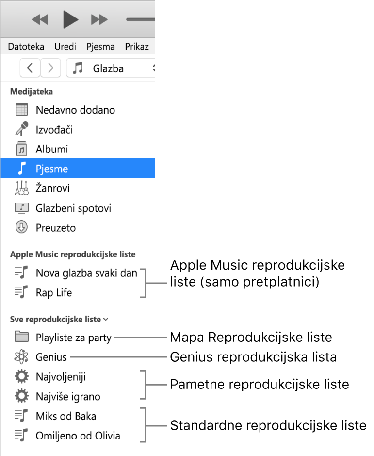 iTunes rubni stupac s prikazom raznih vrsta reprodukcijskih lista: Apple Music (samo za pretplatnike), Genius, Smart i standardne reprodukcijske liste, plus mapa reprodukcijske liste.