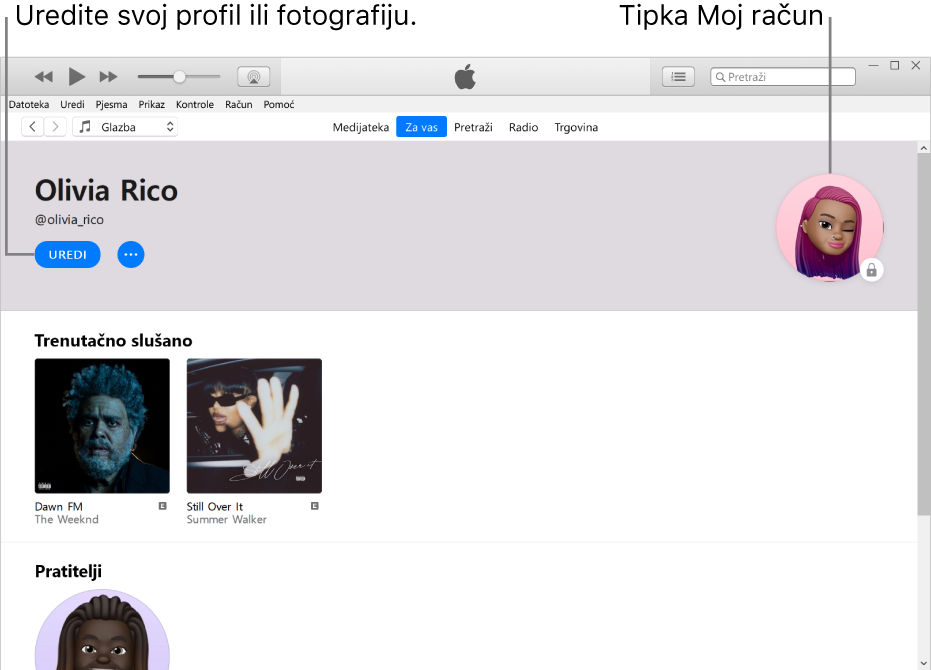 Stranica profila na usluzi Apple Music: U gornjem lijevom kutu ispod svog imena odaberite Uredi za uređivanje svog profila ili fotografije. U gornjem desnom kutu je tipka Moj račun.
