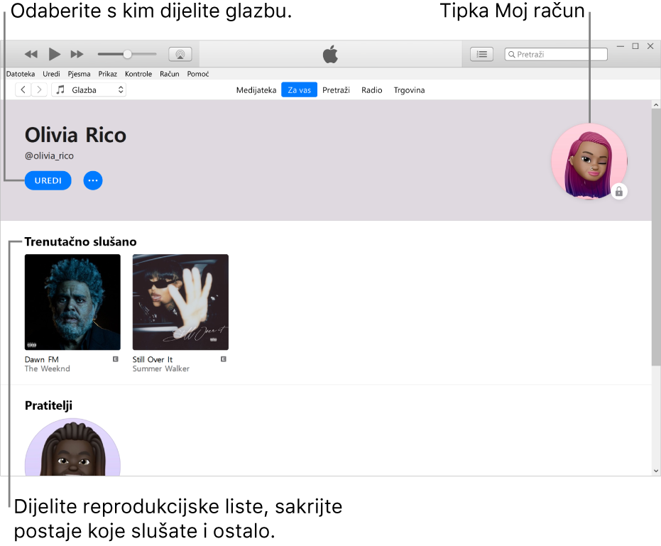 Stranica profila na usluzi Apple Music: U gornjem lijevom kutu ispod svog imena odaberite Uredi za odabir osoba s kojima želite dijeliti glazbu. U gornjem desnom kutu je tipka Moj račun. Ispod naslova Popis slušanja nalaze se svi albumi koje slušate, te možete kliknuti na tipku Više za skrivanje postaja koje slušate, dijeljenje reprodukcijskih lista i ostalo.