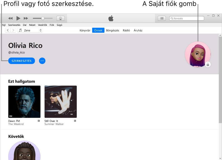 Az Apple Music-profiloldal: A neve alatt a bal felső sarokban a Szerkesztés lehetőségre kattintva szerkesztheti a profilt, saját fotóját. A jobb felső sarokban található a Saját fiók gomb.
