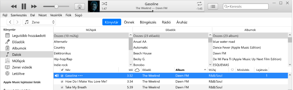 Az iTunes fő ablaka: Az oszlopböngésző az oldalsáv jobb oldalán és a dalok listája felett látható.